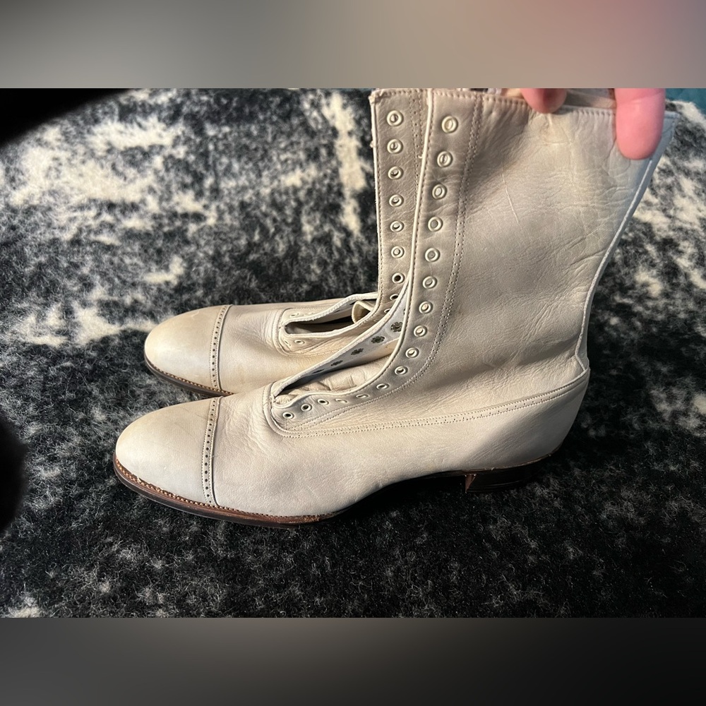Vintage Antique Edwardian Granny Victorian Cream Leather Women's Lace Up Boots